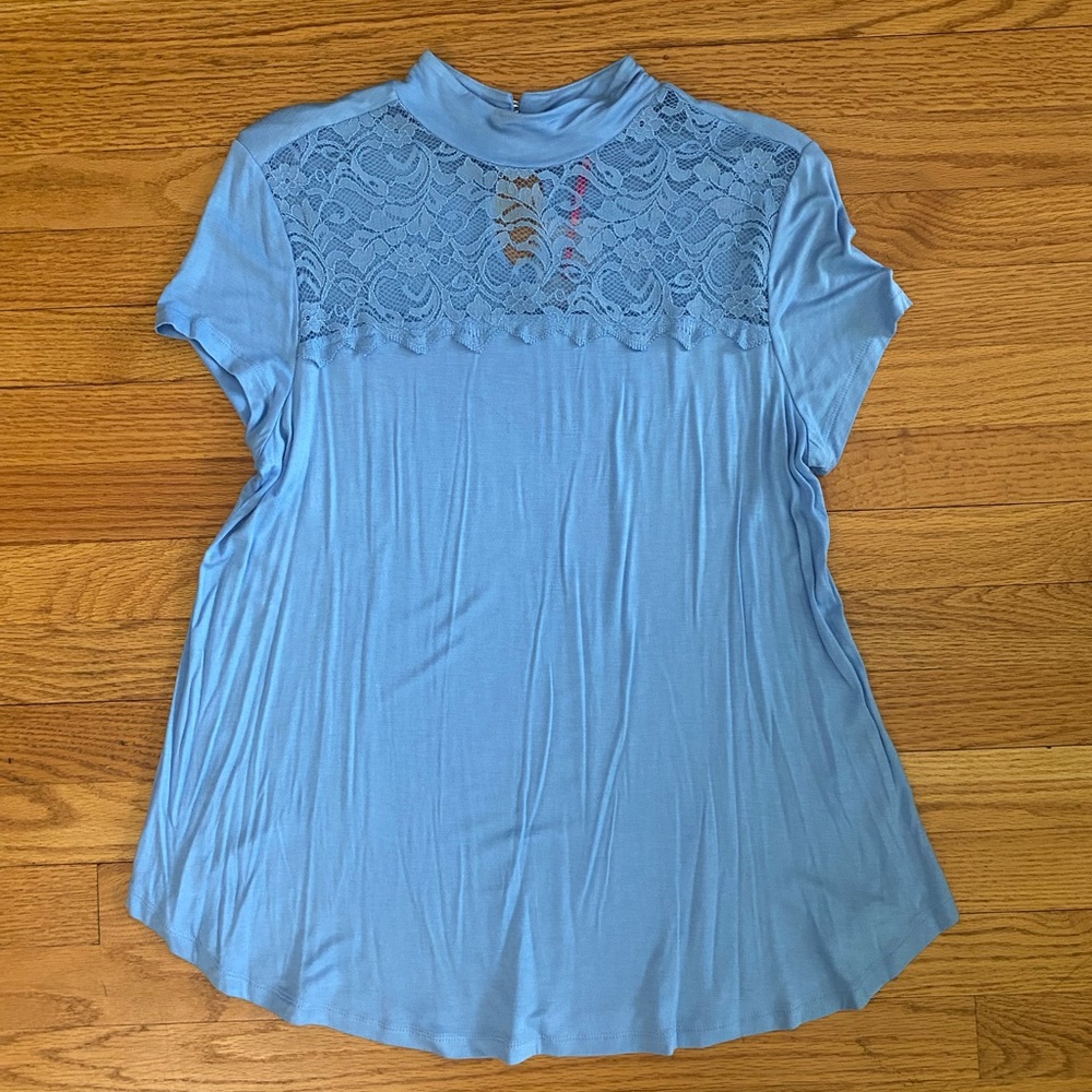 Candie’s Lace Top Shirt Juniors Large Blue Mock Neck Tee Button Closure NWOT
